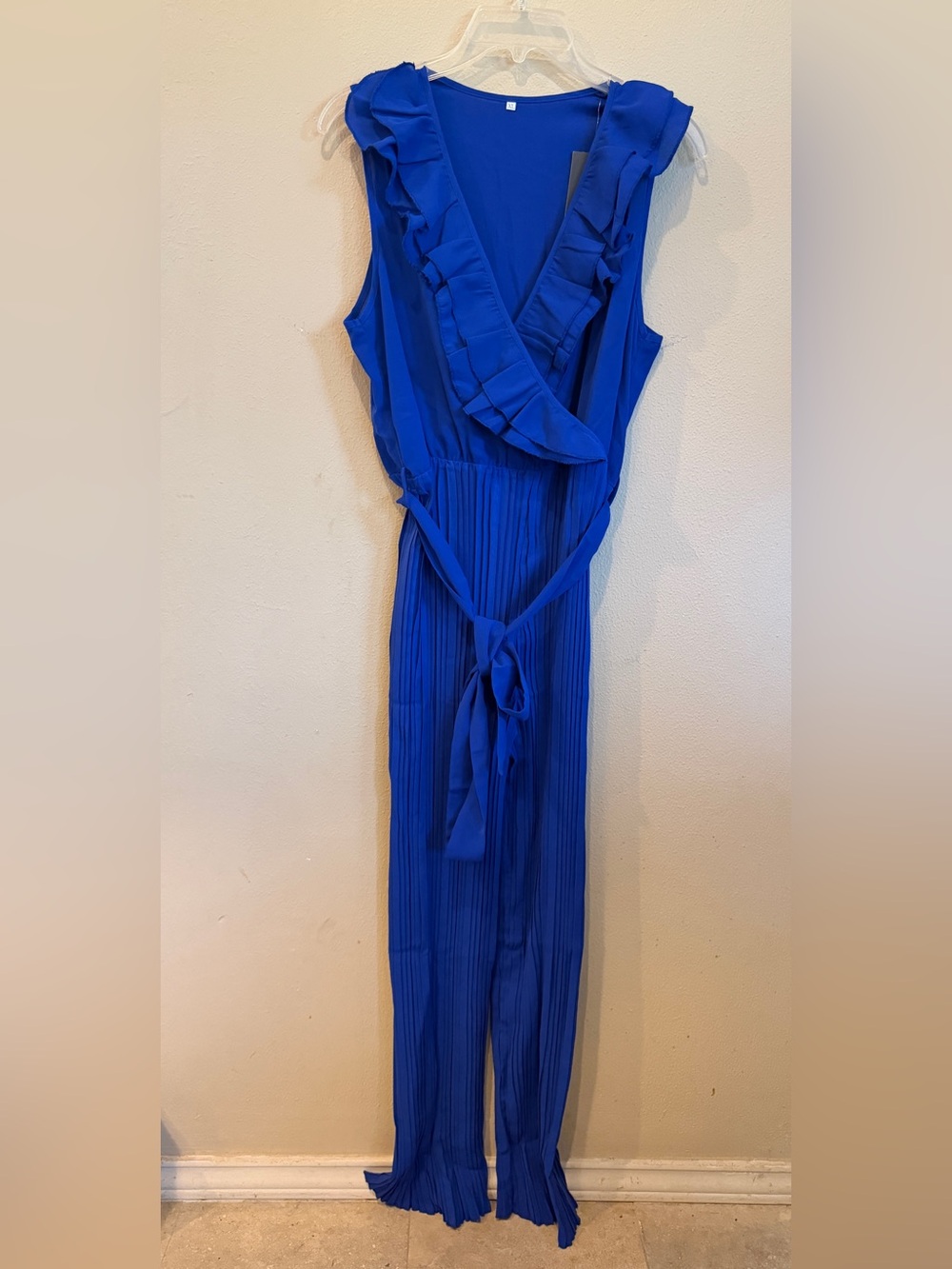 C.CLINE Royal Blue Ruffle Wrap Jumpsuit XL Pleated Wide Leg Tie Waist NWT
